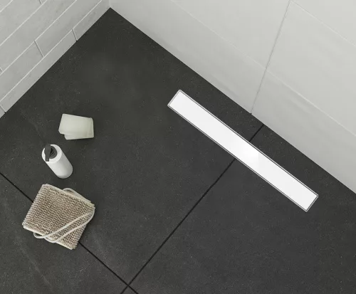 Fala zuhanylefolyó 800 mm Fehér üvegbetétes inox