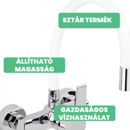 Fala mosogató csaptelep fehér flexibilis csővel - falra szerelhető