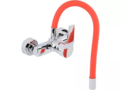 Fala mosogató csaptelep piros flexibilis csővel - falra szerelhető