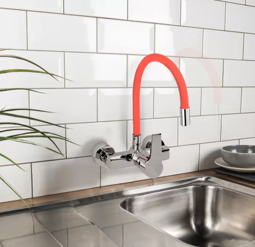 Fala mosogató csaptelep piros flexibilis csővel - falra szerelhető