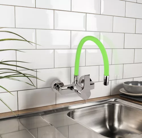 Fala mosogató csaptelep zöld flexibilis csővel - falra szerelhető