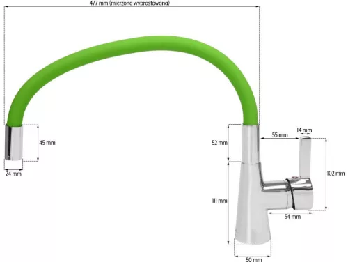 Fala mosogató álló csaptelep zöld flexibilis csővel