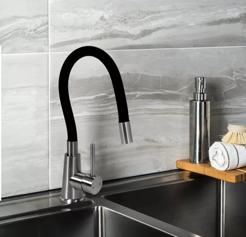 Fala mosogató csaptelep flexibilis csővel, fekete-rozsdamentes acél