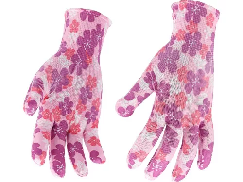 Flo kertészkesztyű rózsaszín virágmintával 8-as