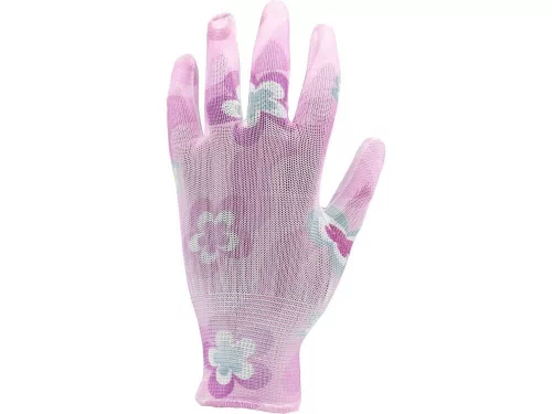 Flo Kertészkesztyű rózsaszín virágmintával 10-es, PU bevonattal.