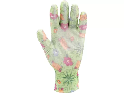 Flo Kertészkesztyű zöld virágmintával 10-es, PU bevonattal.