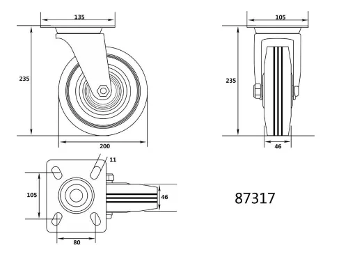 Vorel ipari kerék forgó 200 mm 150 kg fekete