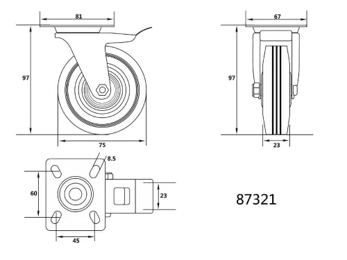 Vorel ipari kerék forgó, fékkel 75 mm 40 kg fekete