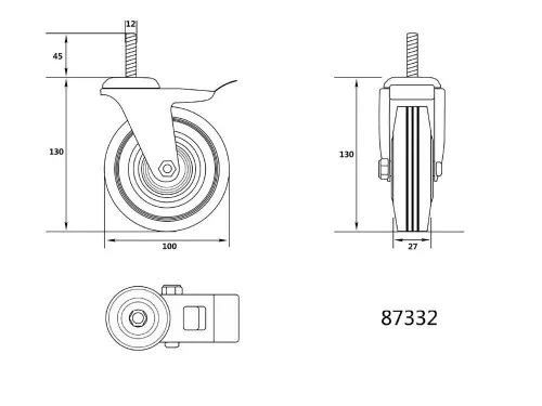 Vorel ipari kerék forgó, fékkel, menetes csapszeggel  100 mm 60 kg fekete