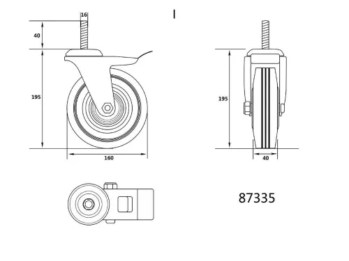 Vorel ipari kerék forgó, fékkel, menetes csapszeggel 160 mm 130 kg fekete