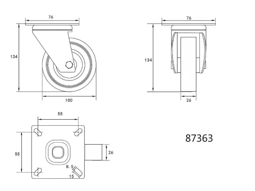 Vorel ipari kerék forgó, villás 100 mm 45 kg szürke