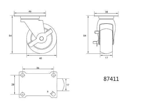 Vorel ipari kerék fékkel, forgó 40 mm 20 kg fekete