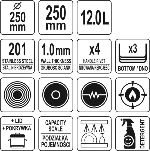 Yato Gastro magas fazék fedővel 25x25cm 12l inox