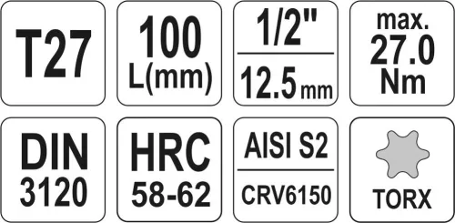 Yato torx 27 bithegy dugófejjel, 1/2 col - CrV - hosszított