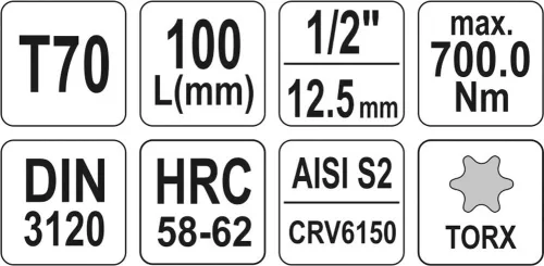 Yato torx 70 bithegy dugófejjel, 1/2 col - CrV - hosszított