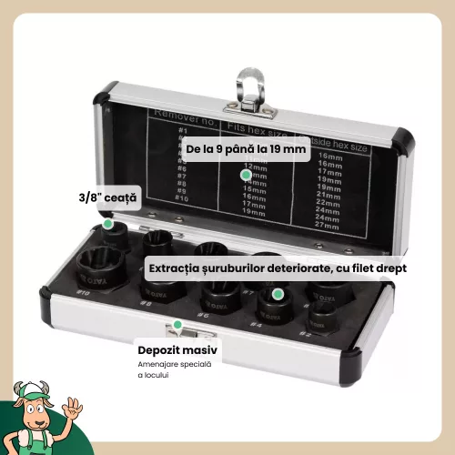 Yato törtcsavarfej leszedő készlet 10 részes 3/8" 9-19 mm