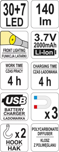 Yato akkus LED lámpa 30+7 LED (akku + töltő)