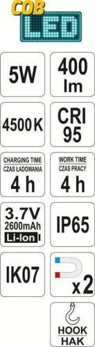 Yato akkus LED színvizsgáló lámpa 400 lumen 5 W (akku + töltő)