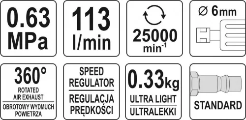 Yato pneumatikus egyenes csiszoló könnyített 113 l/min