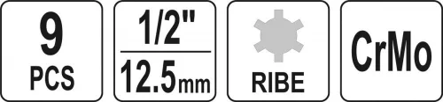 Yato gépi hosszú bit dugókulcs készlet 9 részes Ribe 1/2" RM5-RM14 CrMo