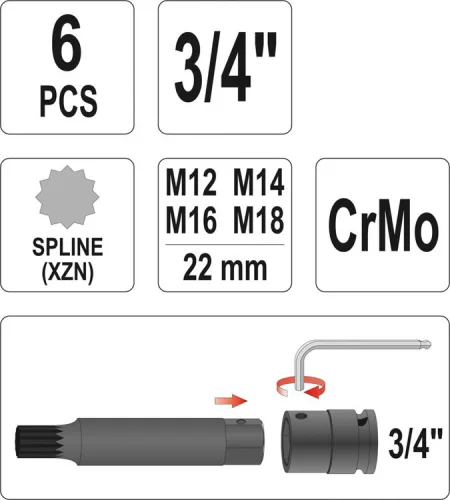 Yato gépi bit dugókulcs készlet 6 részes Spline 3/4" M12-M18 CrMo