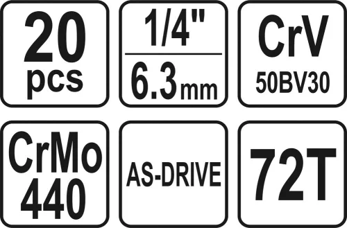 Yato dugókulcs készlet 20 részes 1/4" 3,5-14 mm CrV