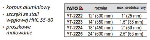 Yato egykezes csőfogó 1,5" 350 mm alu