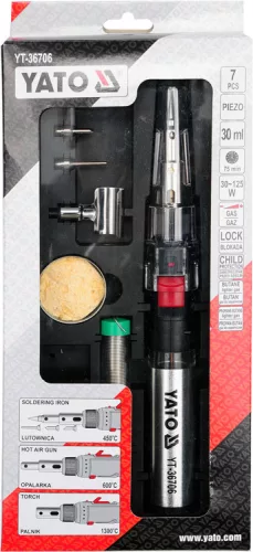 Yato forrasztópáka készlet 7 részes, bután gáz üzemű (gáz nélkül) Piezo