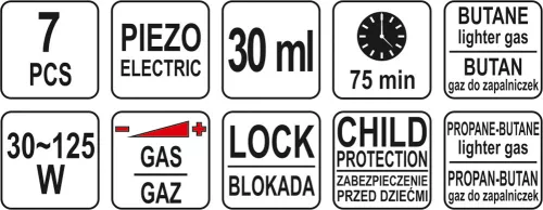 Yato forrasztópáka készlet 7 részes, bután gáz üzemű (gáz nélkül) Piezo
