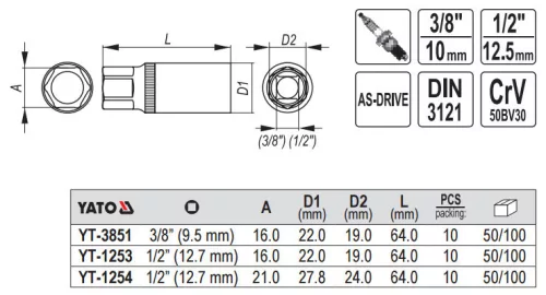Yato gyertyakulcs 3/8" 16 mm / 64 mm CrV