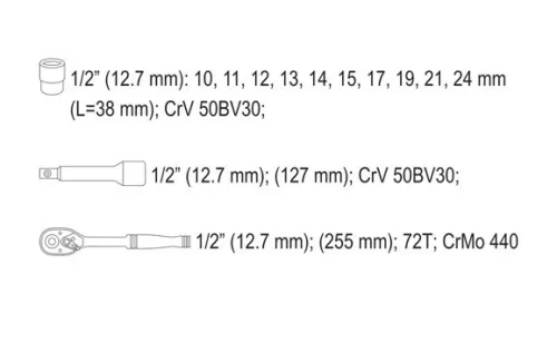 Yato dugókulcs készlet 12 részes 1/2" 10-24 mm CrV