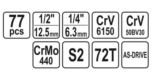 Yato dugókulcs készlet 77 részes 1/4", 1/2" CrV