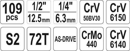 Yato szerszámkészlet 109 részes 1/4", 1/2" CrV CrMo