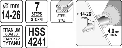 Yato lépcsős fúró HSS-TiN 7 lépcsős 14-26 mm