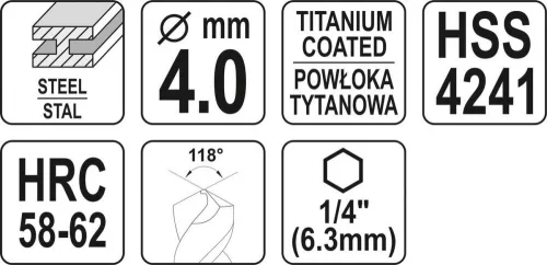 Yato fém marófúró 4 x 78 mm bit befogású HSS-TiN