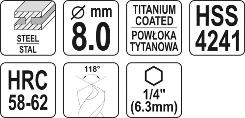 Yato fém marófúró 8 x 99 mm bit befogású HSS-TiN