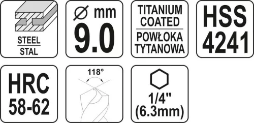 Yato fém marófúró 9 x 102 mm bit befogású HSS-TiN