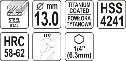 Yato fém marófúró 13 x 120 mm bit befogású HSS-TiN