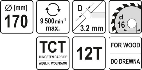 Yato Fűrésztárcsa fához 170 x 16 x 2,2 mm / 12T