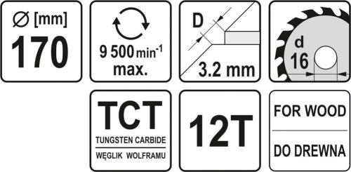 Yato fűrésztárcsa fához 170 x 16 x 2,2 mm / 12T