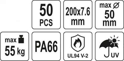 Yato kábelkötegelő fekete 200 x 7,6 mm (50 db/cs)