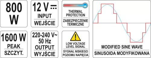 Yato feszültségadapter inverter 12V->230V 800W