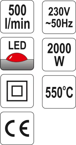Yato elektromos hőlégfúvó LED kijelző + tartozékok 550 °C 2000 W