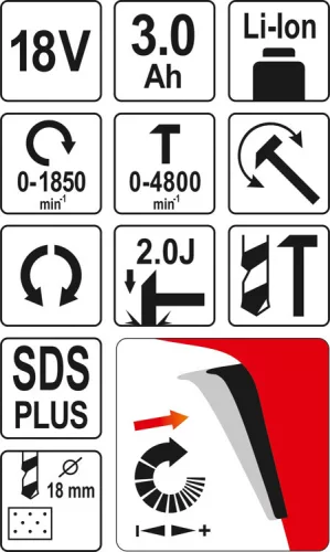 Yato akkus fúrókalapács SDS-Plus 2,0 J 18 V Li-Ion (1 x 3,0 Ah akku + töltő)