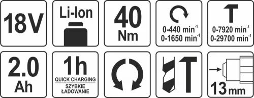 Yato akkus ütvefúró-csavarozó 40 Nm 18 V Li-Ion (1 x 2,0 Ah akku + töltő)