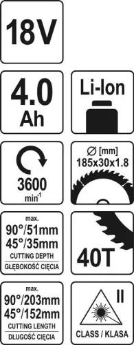 Yato akkus lézeres gérvágó 185 mm 18 V Li-Ion (1 x 4,0 Ah akku + töltő)