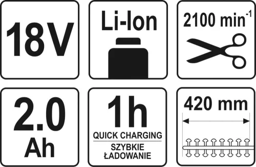 Yato akkus lombnyíró 18 V Li-Ion 2,0 Ah akku+töltő 207-2740 mm