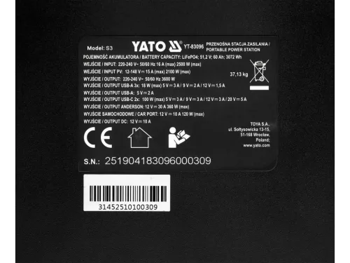 Yato hordozható energiaellátó állomás 3600W, 3072Wh lifepo4, EPS