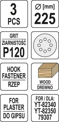 Yato tépőzáras fíbertárcsa 225 mm / P120 (3 db/cs)