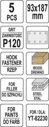 Yato tépőzáras csiszolópapír 90 x 187 mm / P120 (5 db/cs)